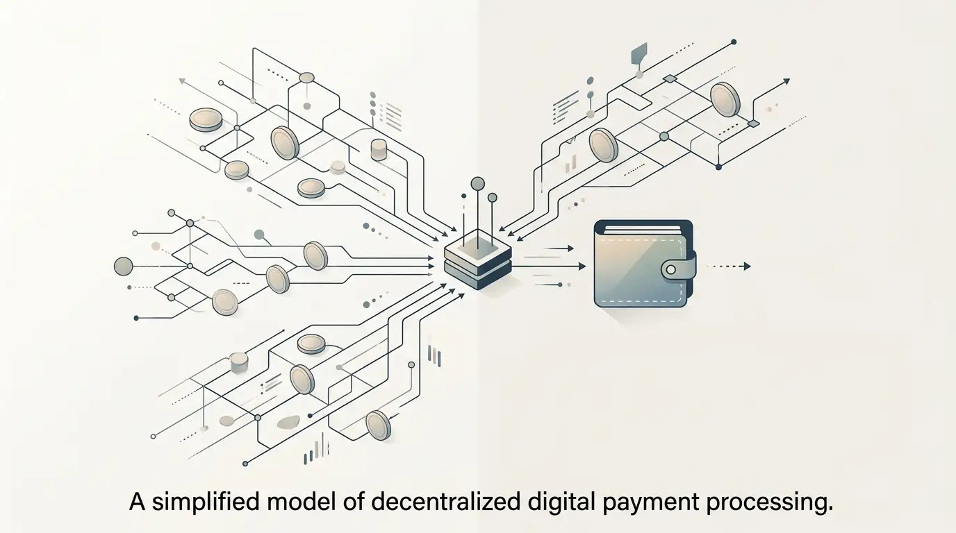 Multiple cryptocurrency transfer paths converging on a wallet and cashier flow