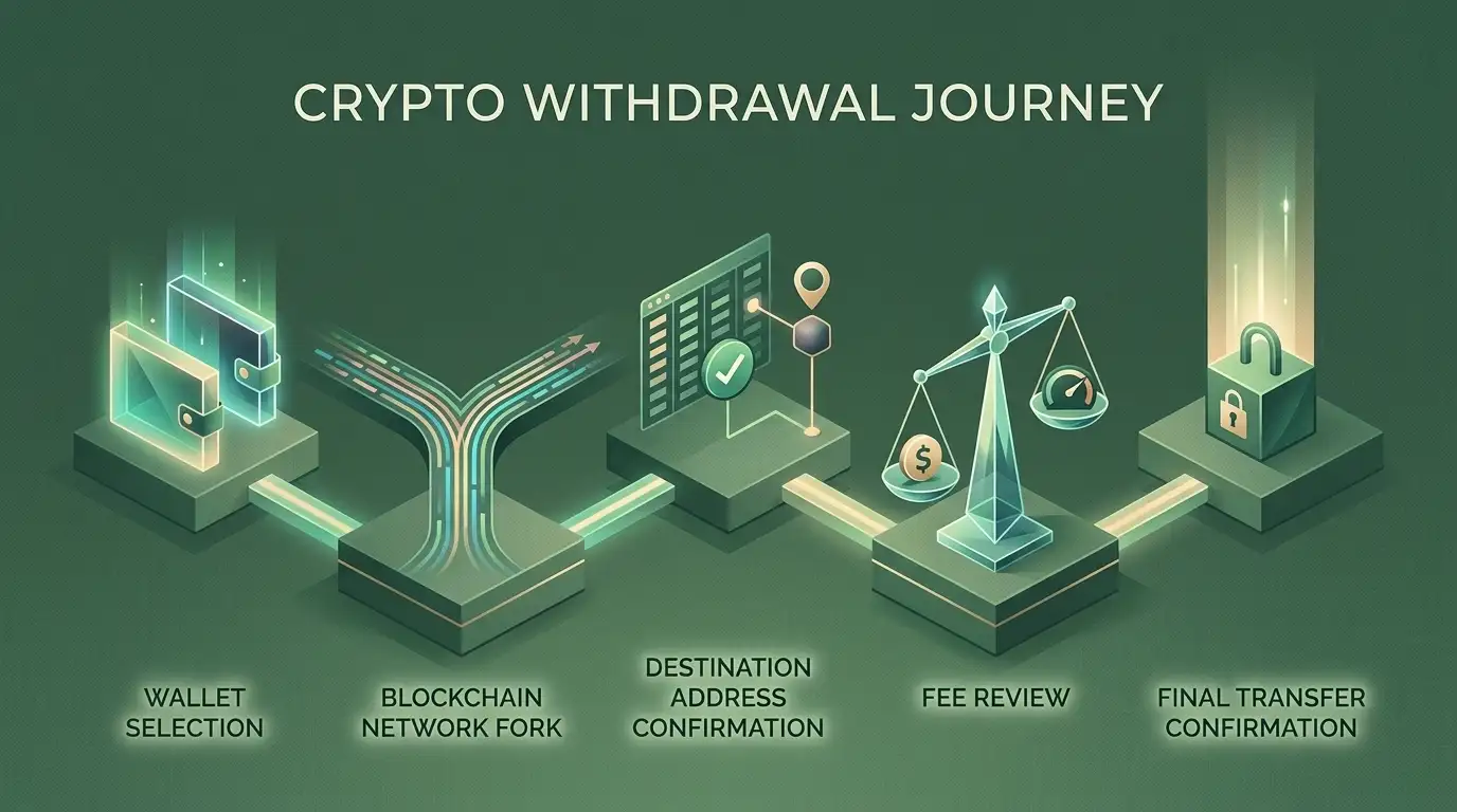 Crypto withdrawal flow moving through wallet, network and confirmation checkpoints