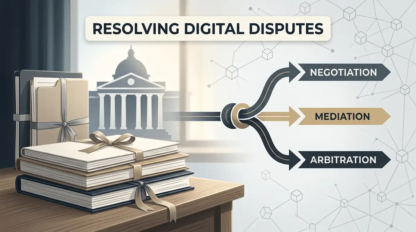 Documents, a courthouse silhouette and a neutral dispute-resolution pathway