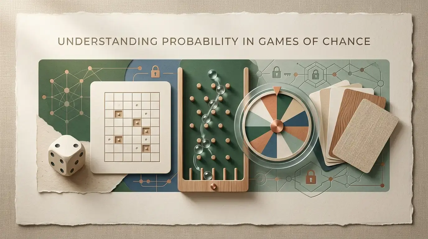 Abstract casino tiles with dice, grid, wheel and card motifs