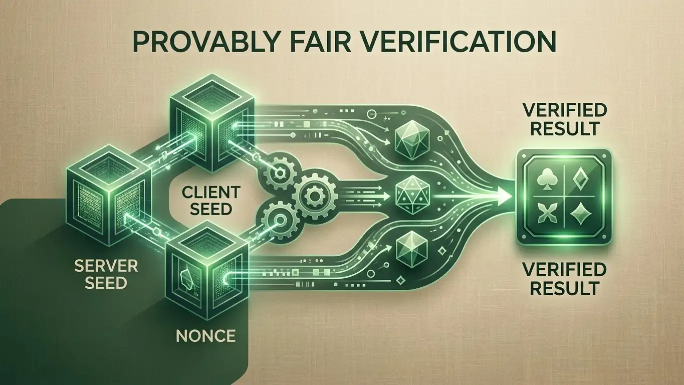 Abstract cryptographic verification scene with game symbols, linked seed blocks and a verification path