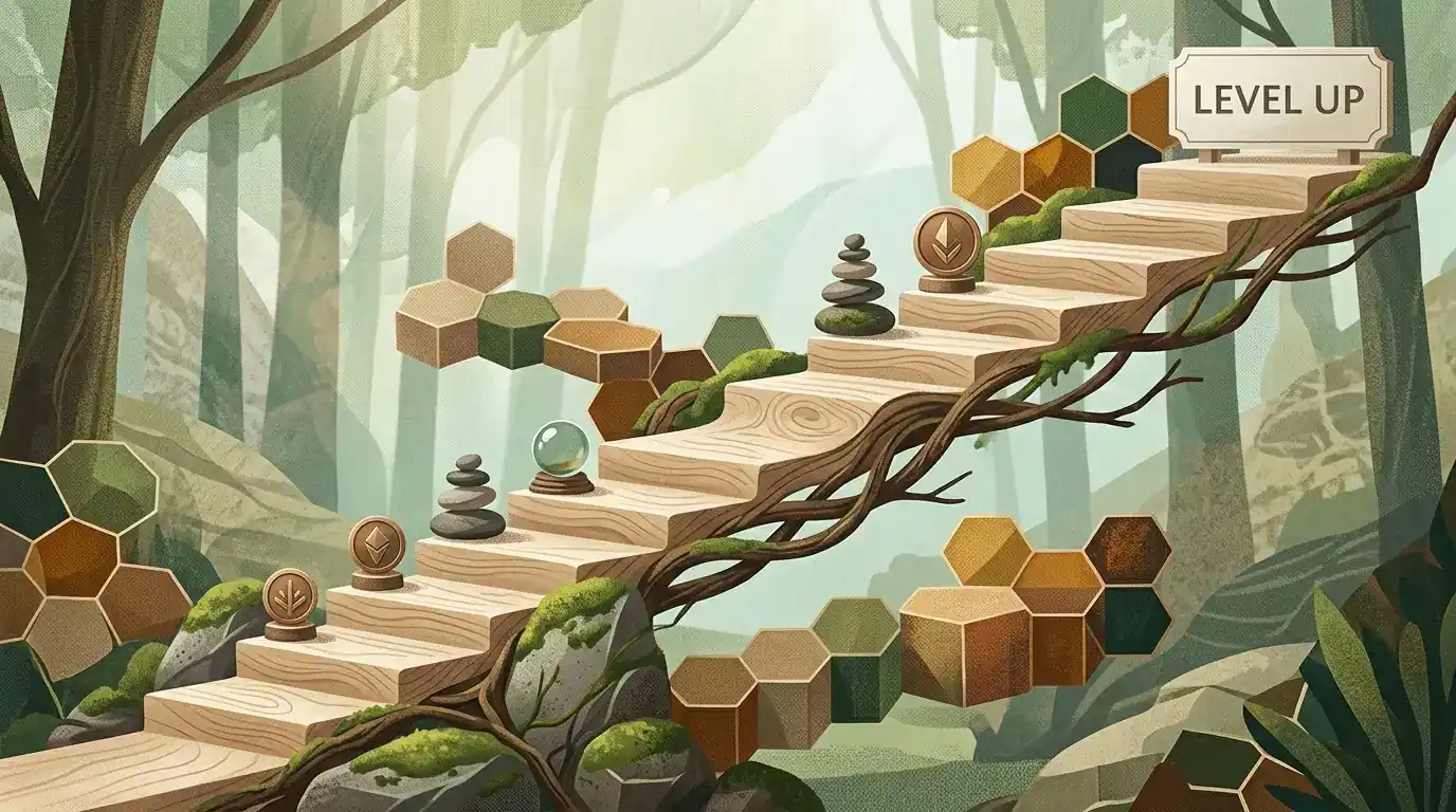 Abstract progression ladder with reward tokens and milestone markers